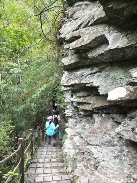 「羅木斯溪登山步道」沒有想像中蜿蜒也不會太陡，步道簡便好行走，途中還有石階小徑與扶手設置，一旁貼近山脈岩壁，相當壯觀。