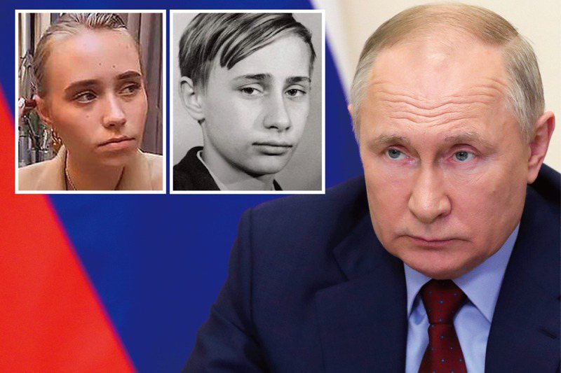 傳言普亭（右）有許多私生子，俄國19歲網紅路易莎．羅索娃（左）是最有名的一位，她五官和普亭年輕時（中）長得很像。美聯社、擷取自推特、擷取自YouTube