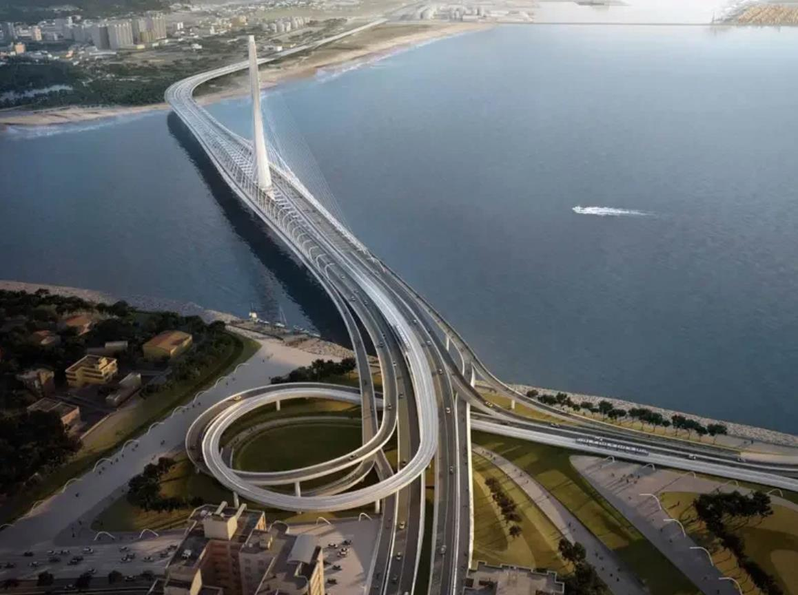 造價達211億元的淡江大橋，預計後年底完工通車，主橋橫跨淡水河，總長920公尺。圖為完工模擬圖。圖／新北公務局提供