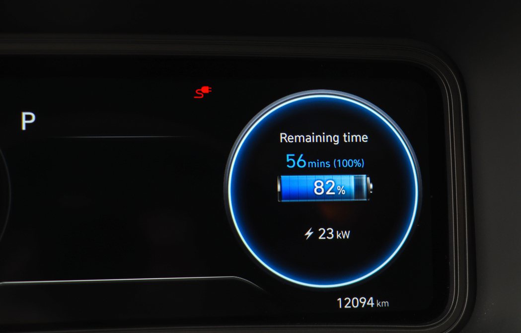 Hyundai Kona Electric使用DC快充，儀表顯示當時82%剩餘電...