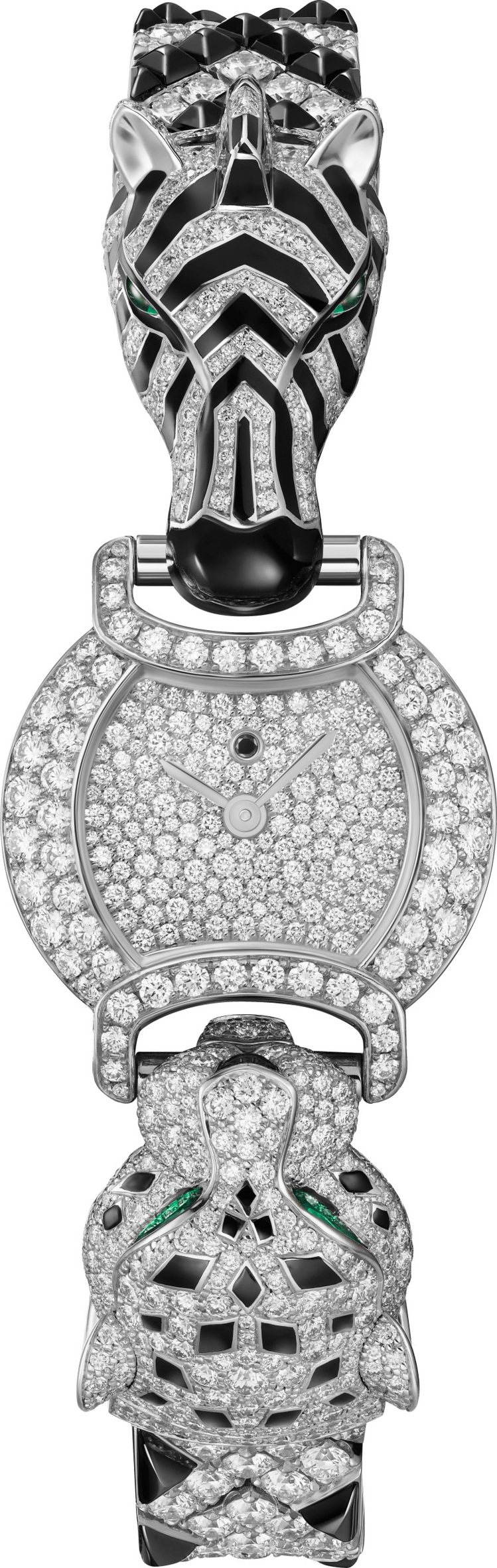 卡地亞Indomptables de Cartier系列美洲豹斑馬白K金鑲鑽腕表，價格未定。圖／卡地亞提供