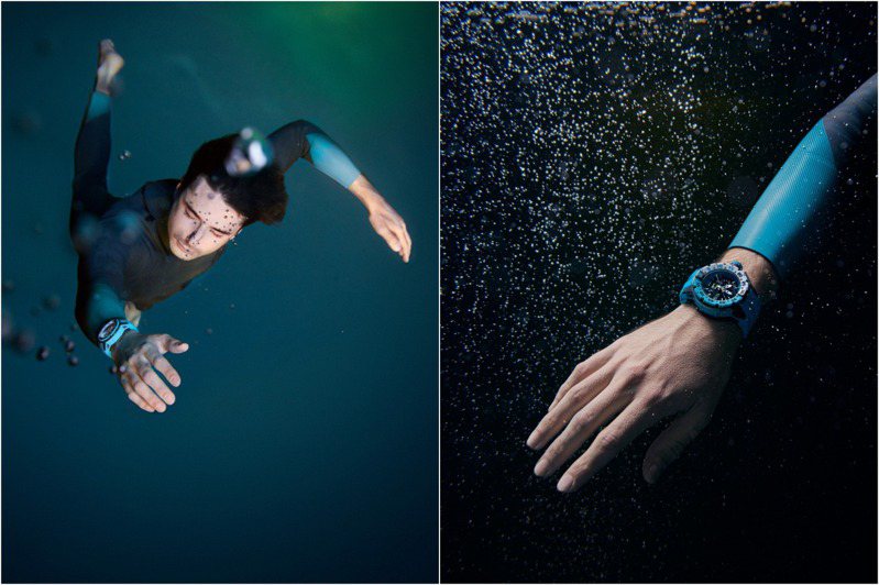 RICHARD MILLE品牌摯友、世界自由潛水冠軍Arnaud Jerald，今年同時也擔任了大會的名譽贊助人，並拍攝了一組配戴新表款的水下視覺。圖 / RICHARD MILLE提供（合成圖）