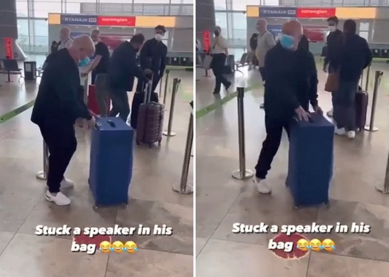 网传一段机场影片，大厅内惊传一阵女子的娇喘声，旅客发现是自一名光头男的行李箱传出。图／「Lewis Cullinan」IG截图、Twitter影片截图(photo:UDN)