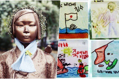 圖左為象徵日本殖民時期慰安婦的韓國少女胸像、圖右為2021年，一群韓國小學生畫的...