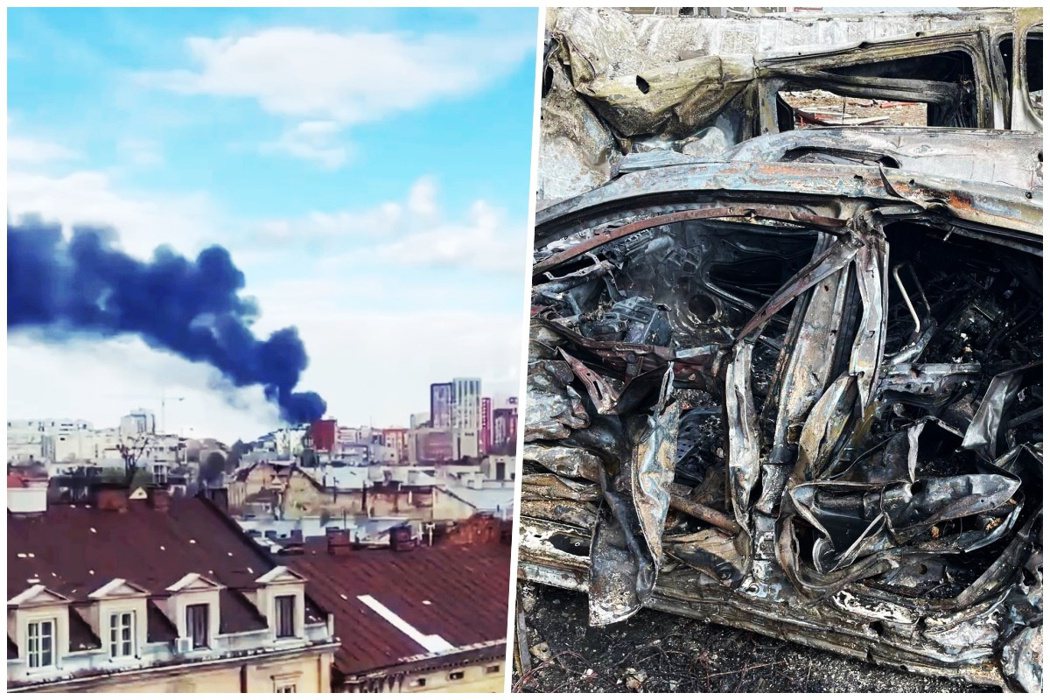 圖左為空襲的利沃夫、以及遭焚毀的車子。 圖／推特