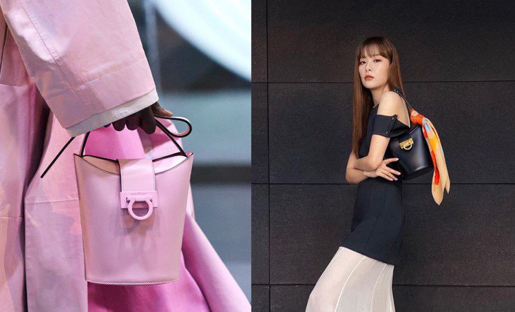 Trifolio牛皮水桶包有著「薯條包」的綽號，韓國女星瑟琪以絲巾裝飾搭配出個人風格。圖／摘自IG