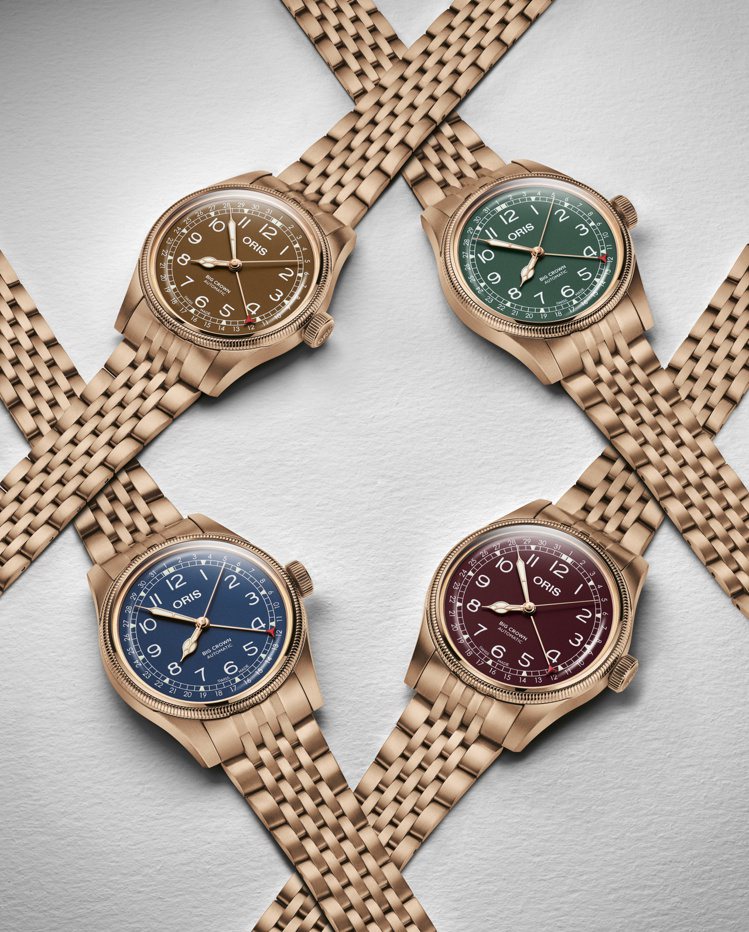 ORIS Big Crown指針式日曆腕表，則以全青銅表殼帶來綠、棕、酒紅與藍四種顏色，其中又以綠色最為搶手，已經開始「排隊」狀態。圖 / ORIS提供