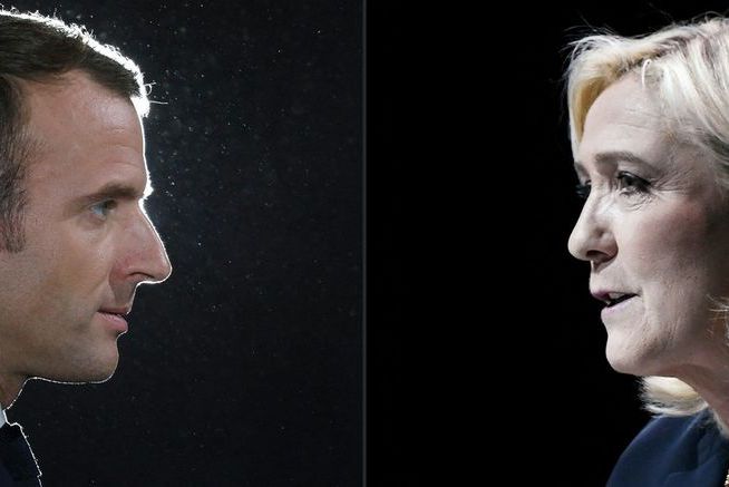 中間派的總統馬克宏（左）與極右派候選人雷朋（右）將於24日第二輪投票對決。美聯社