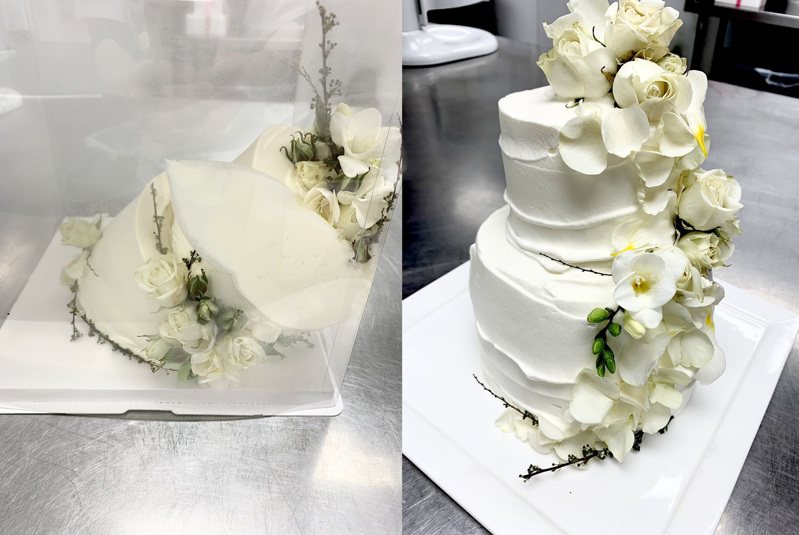 一位日本網友在國外參加婚禮時，碰到蛋糕突然倒塌，他隨即發揮職人技術即時修復回原貌。圖擷取自twitter