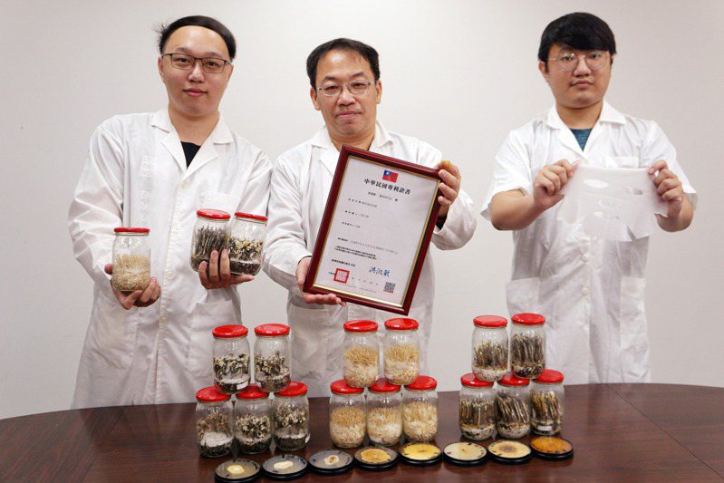 大葉大學食生系副教授吳建一（中）研究蟬花的成果取得專利。圖／大葉提供