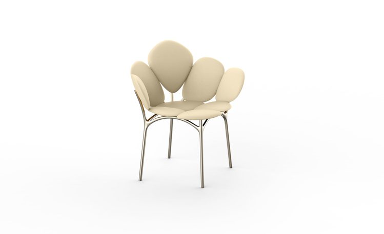 Marcel Wanders設計結構優雅的花瓣椅，以9個如雲朵般的皮革軟墊拼出盛開花朵的造型。圖／LV提供