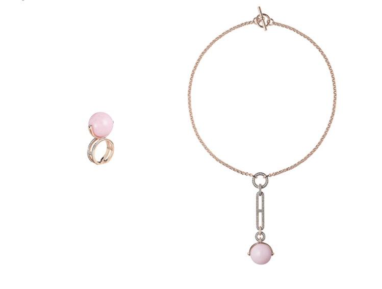 「Hermès Chandra」系列 玫瑰金鑲鑽與粉紅蛋白石戒指、玫瑰金鑲鑽與粉...