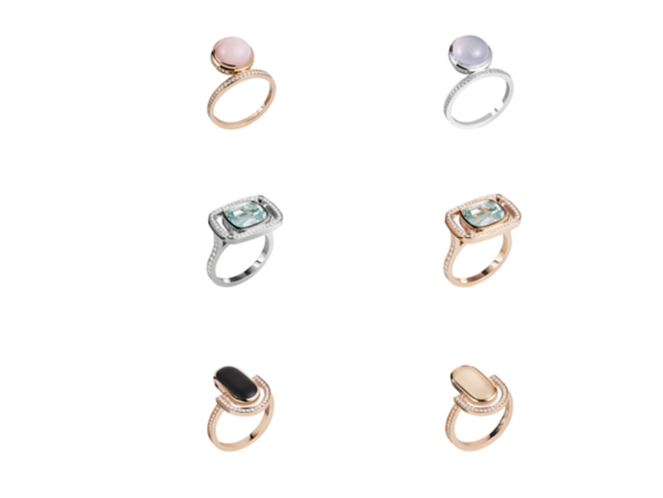 “À l’écoute”系列 在鑲嵌鑽石的玫瑰金或白金戒指上，選用粉紅蛋白石、藍...