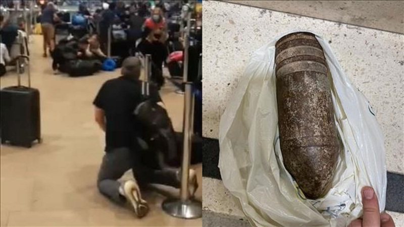 以色列的本古里安機場28日晚間發生一家美國人向安檢人員出示一枚未爆炸砲彈，在出境大廳引發恐慌。照片翻攝：Twitter / kann_news