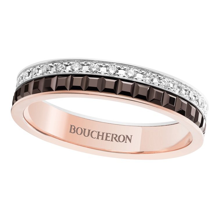 Boucheron Quatre Classique系列戒指，白金、玫瑰金，鑲嵌29顆鑽石約0.21克拉，棕色PVD，15萬4,000元。圖 / Boucheron提供