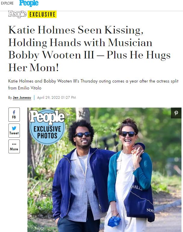 「時人」獨家刊登凱蒂荷姆絲（右）與新男友巴比的親密合照。圖／摘自People