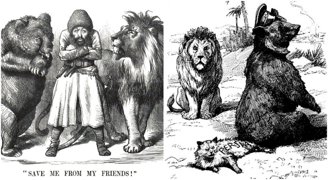 圖為當時的政治諷刺漫畫。左圖為1878年，在熊俄國與獅英國之間左右為難的阿富汗；...
