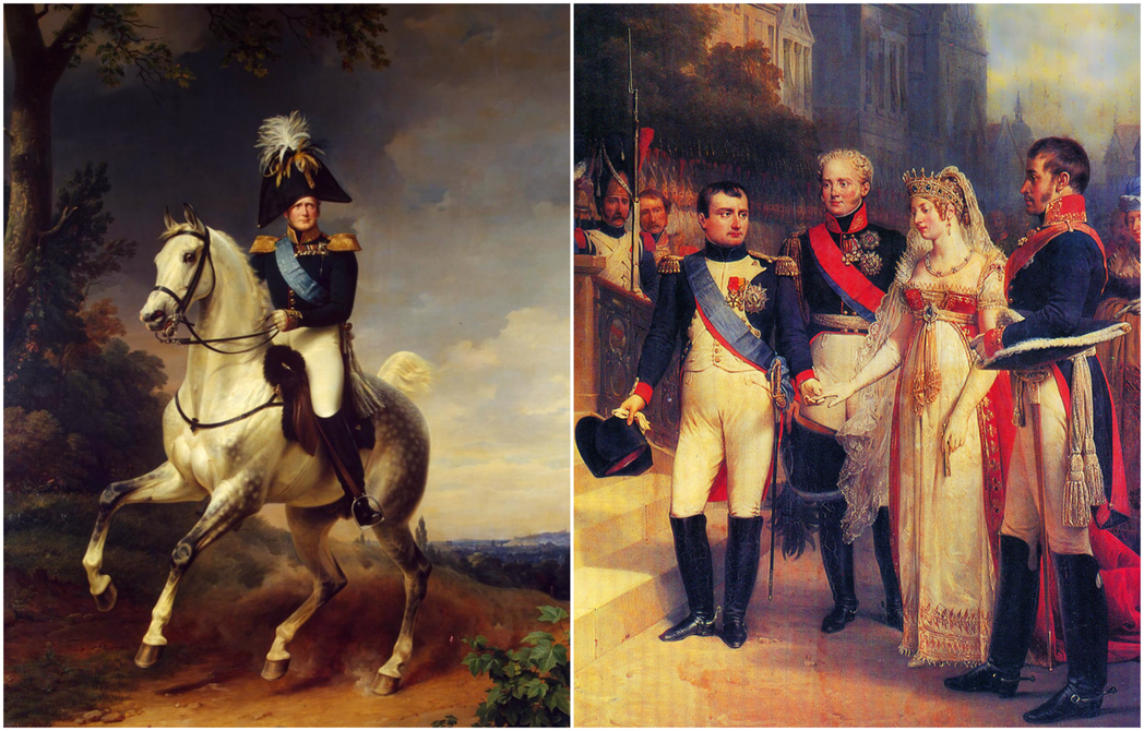 左圖為亞歷山大一世的騎馬肖像；右圖為1807年，在蘇維埃茲克會面的拿破倫、亞歷山...