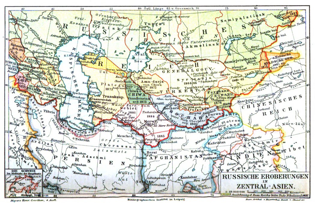 1885年，俄羅斯在中亞的版圖。 圖／維基共享