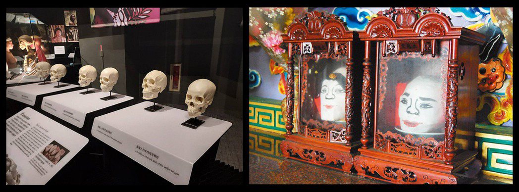 （左）南科考古館「我們活過：考古人骨遺骸暨墓葬展」展出的人骨頭顱模型；（右）雲林西螺社口水德堂供奉的水流公媽頭顱。兩者（骨骸）即是「考古博物」與「宗教民俗」的有趣對比。 圖／南科考古館、聯合報系資料照片