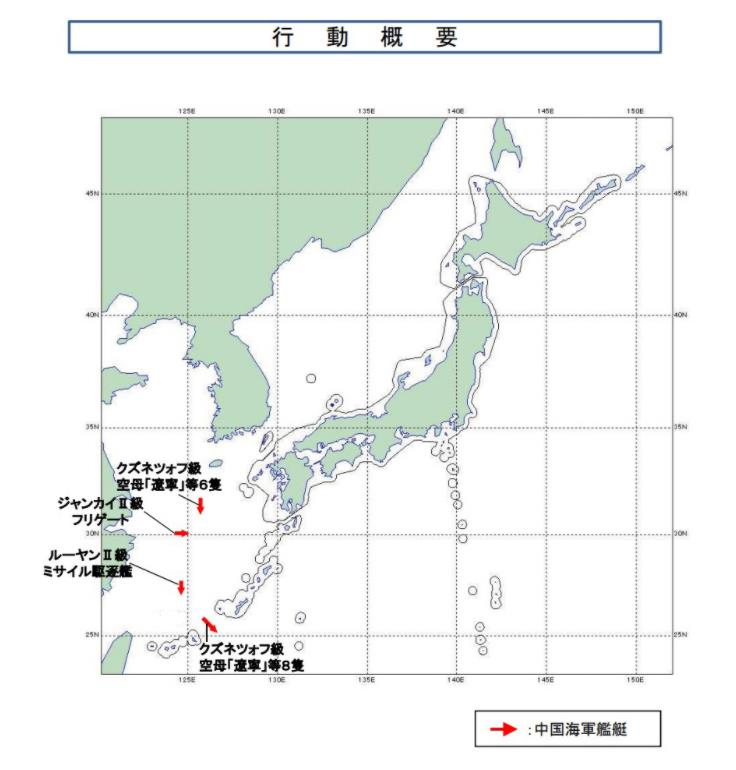 大陸8艘航母編隊從宮古海峽進入西太平洋。（日本海自）