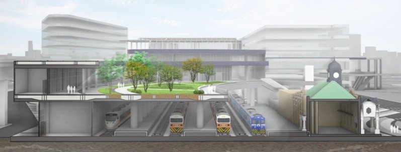 新竹大車站計畫縫合鐵路兩側步行系統、整合大眾運輸轉乘功能及都市活動，並針對周邊公有土地進行活化利用，帶動商圈復甦。模擬圖／市府提供