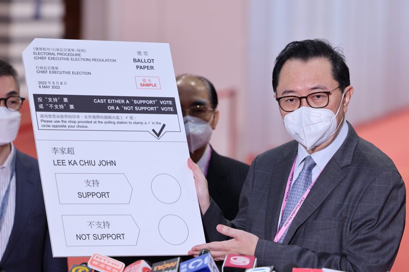 香港第六屆特首選舉今天登場，香港選委會主席馮驊昨在主投票站介紹選票樣式，上有唯一候選人李家超名字，以及支持與不支持兩個選項。（香港中通社）