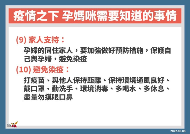 台南市政府提醒孕婦在疫情期間應注意事項。圖／市府提供