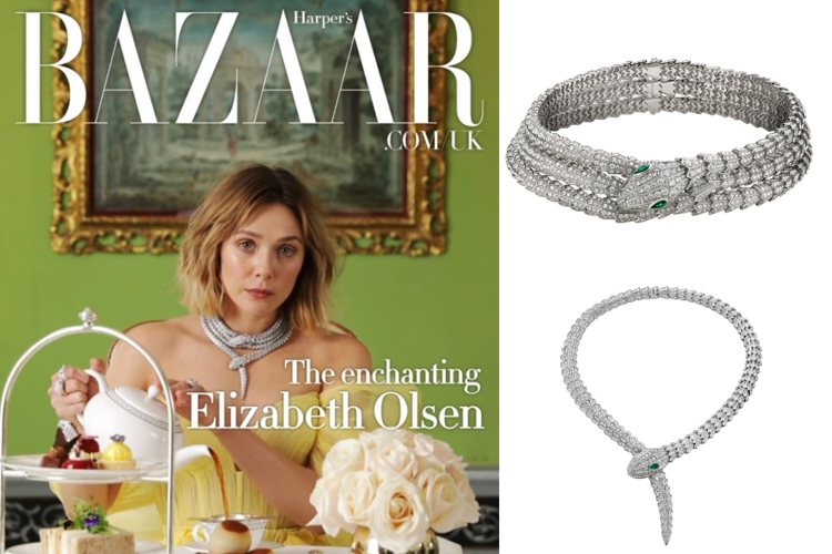 伊莉莎白歐森配戴寶格麗珠寶拍攝「Harper’s Bazaar」英國版數位封面。...