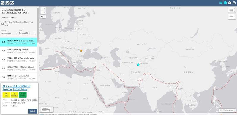 歐洲地中海地震中心表示，烏茲別克東部地區今天發生規模5.7地震。圖／取自美國地質調查局