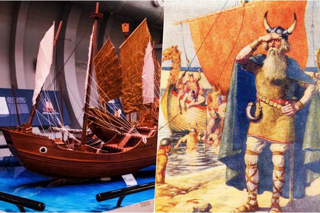 左圖為宋代中國倉船復原模型，右圖為1907年繪製的維京人傳說圖像。