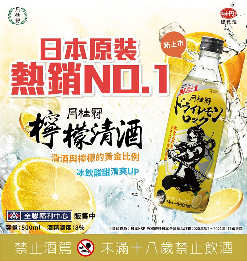 日本原裝「月桂冠檸檬清酒」即日起在全台全聯上市開賣，每瓶500毫升，建議售價369元。圖／味丹提供。  ※ 提醒您：禁止酒駕 飲酒過量有礙健康  