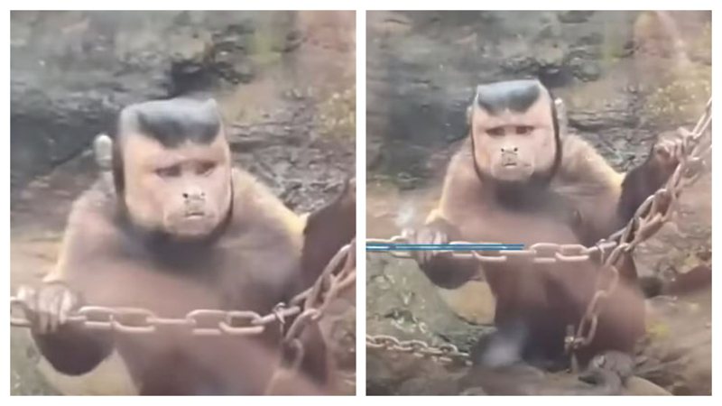 有遊客在動物園看到一隻「國字臉禿頭猴子」。 (圖/取自影片)