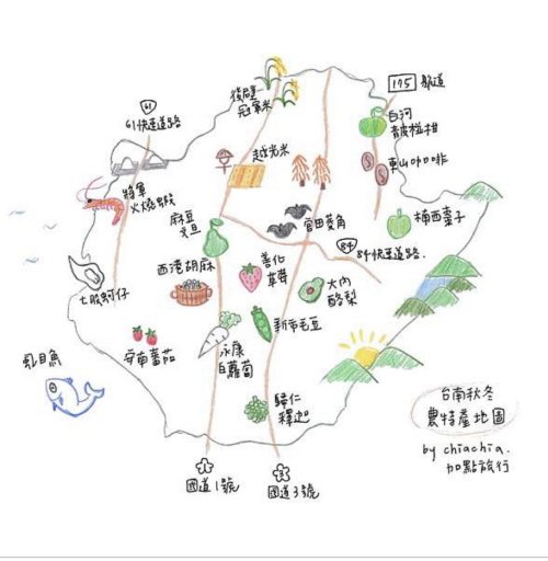 《chiachia的部落格》手繪台南秋冬盛產的農特產品地圖。 圖／chiachi...
