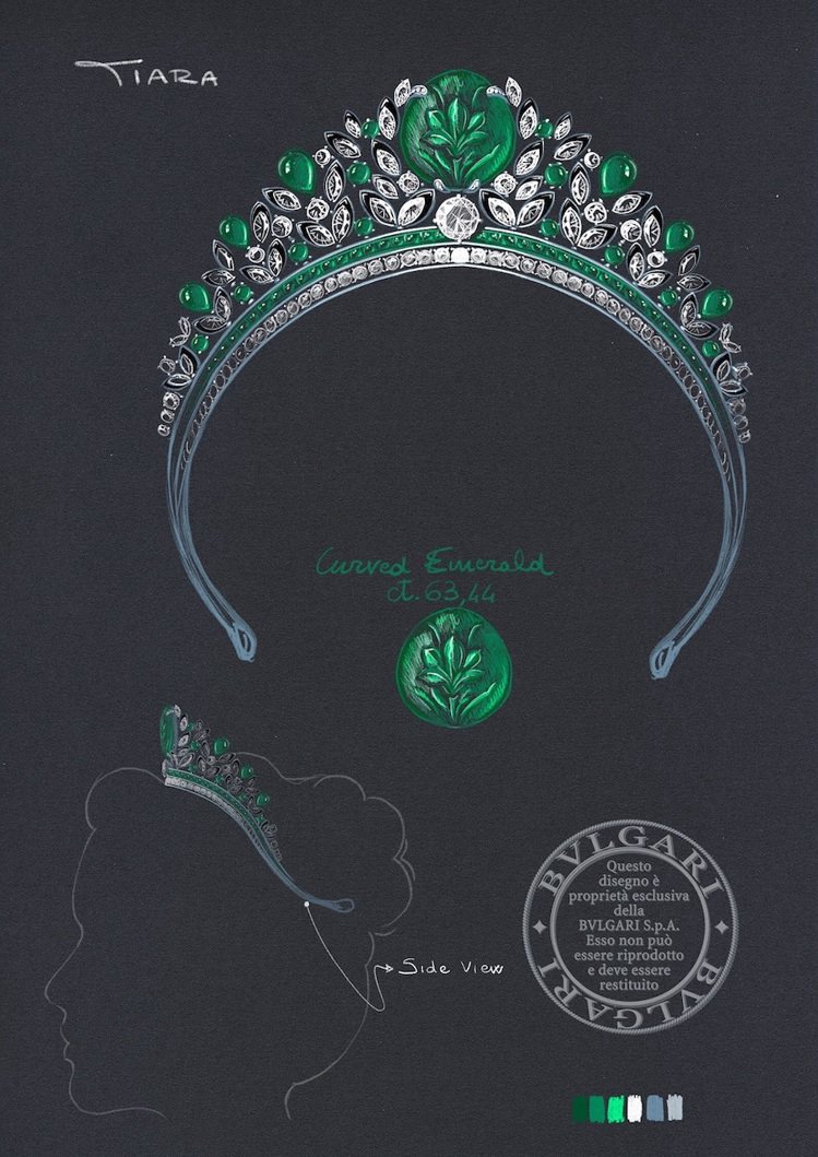 BVLGARI Jubilee Emerald Garden頂級珠寶皇冠設計草圖。圖／寶格麗提供