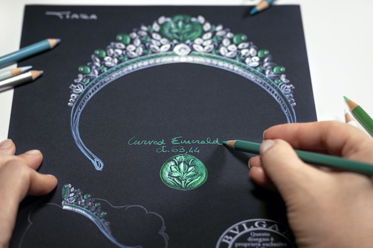 BVLGARI Jubilee Emerald Garden頂級珠寶皇冠設計草圖。圖／寶格麗提供
