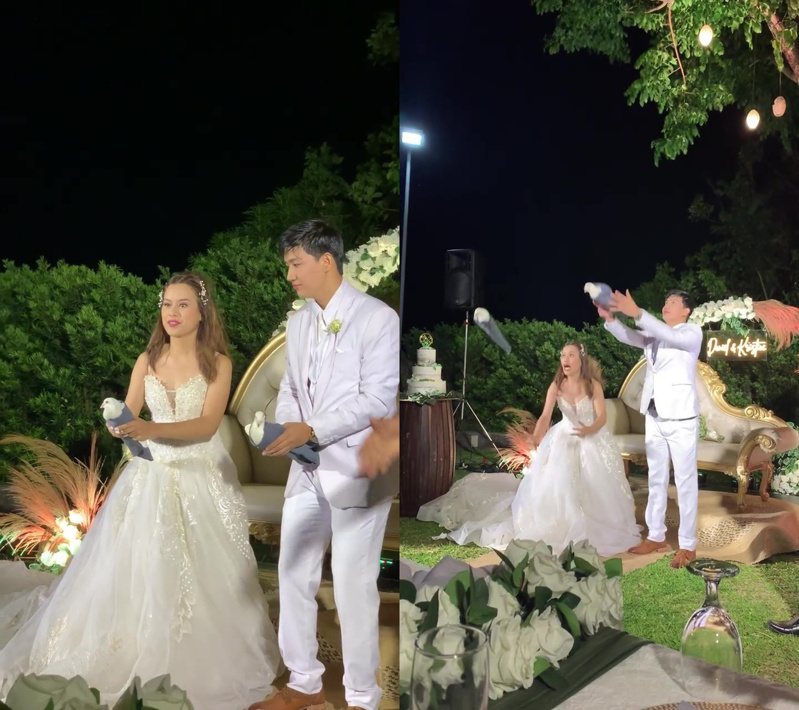 一對甜蜜的新婚夫妻在婚禮的儀式中要一起舉行放鴿儀式。圖／翻攝自臉書