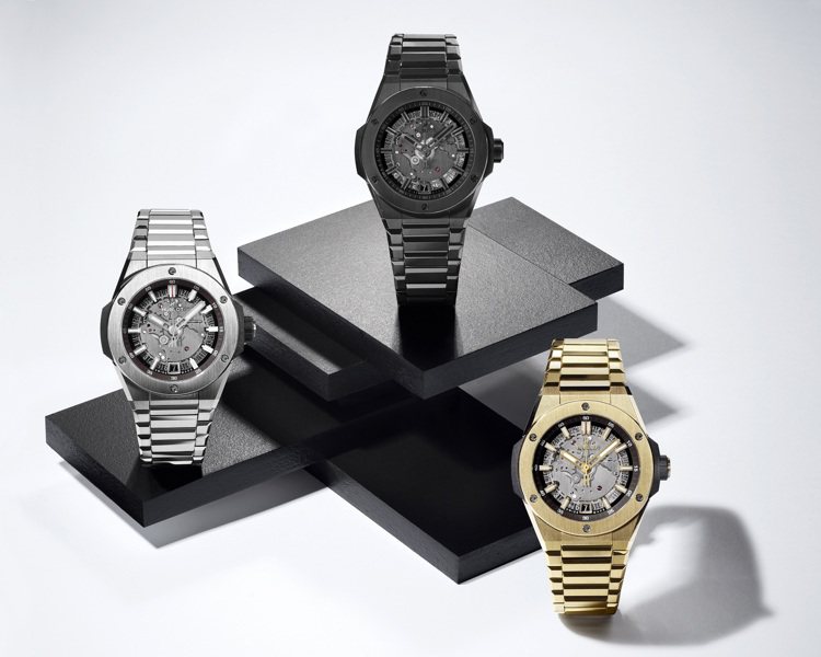 Big Bang Integral系列首款三針鍊帶腕表，40毫米鈦金屬、黃金和黑陶瓷，其中All Black黑陶瓷款全球限量250只。圖／HUBLOT提供