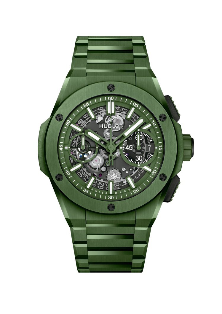 Big Bang Integral陶瓷鍊帶計時碼錶叢林綠，42毫米緞面及拋光叢林...