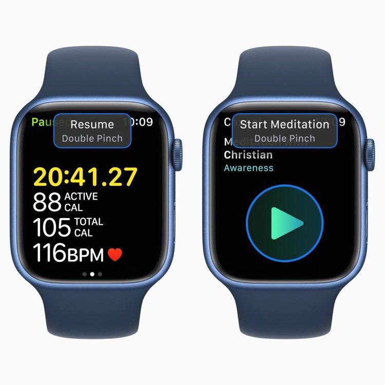 Apple Watch上的「快速動作」可幫助使用者以捏2下手勢執行有時效性的操作...