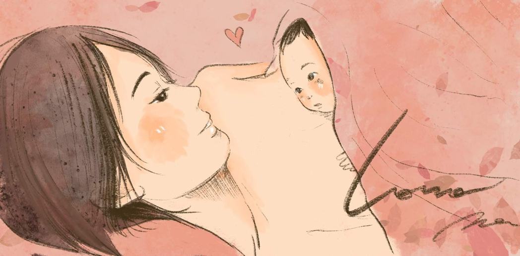 插畫家阿猛將孟耿如抱女兒黃玉米的照片畫成插畫。圖／摘自臉書