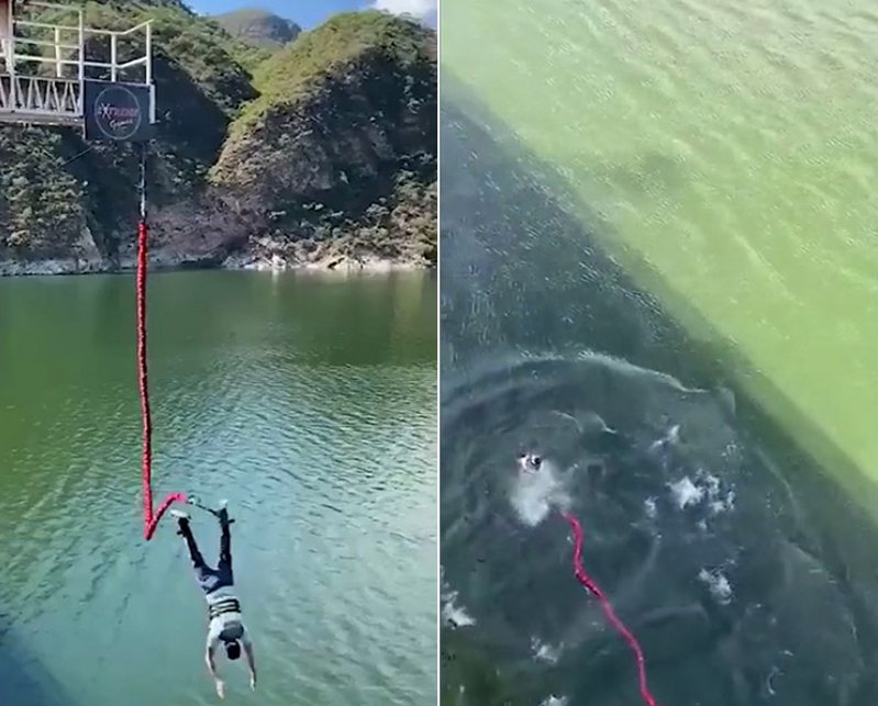 網絡瘋傳1段20秒影片，顯示阿根廷1名男子玩「笨豬跳」時安全繩突然斷掉，男子隨即從131英呎（約40米）高空向下直插，幸跌入水中得保性命。（影片截圖）