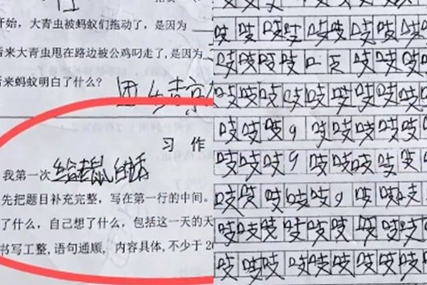 中國大陸一名小學生，用了290個「吱」完成一篇作文，讓老師哭笑不得。圖擷自澎湃新聞