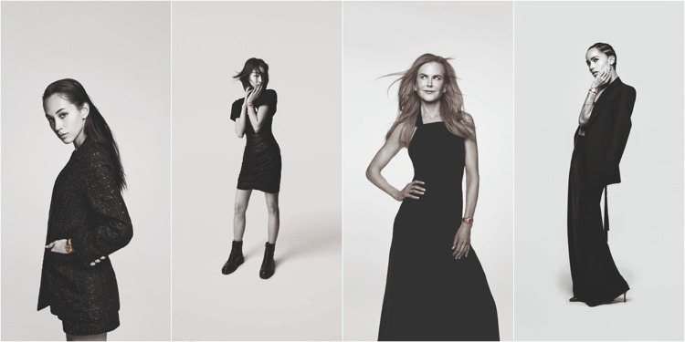 歐米茄（OMEGA）邀請包含Nicole Kidman（右二）、Zoë Kravitz（右一）、周冬雨（左二）、日模水原希子（左一）...等七位品牌好友，釋出一系列黑白照片，展現關於自信與魅力的多種可能。圖 / OMEGA提供