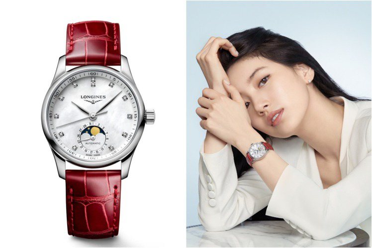 秀智在最新宣傳中配戴上Master巨擘系列珍珠母貝面盤月相女士腕表，一展甜美風格。圖 / 伯爵提供