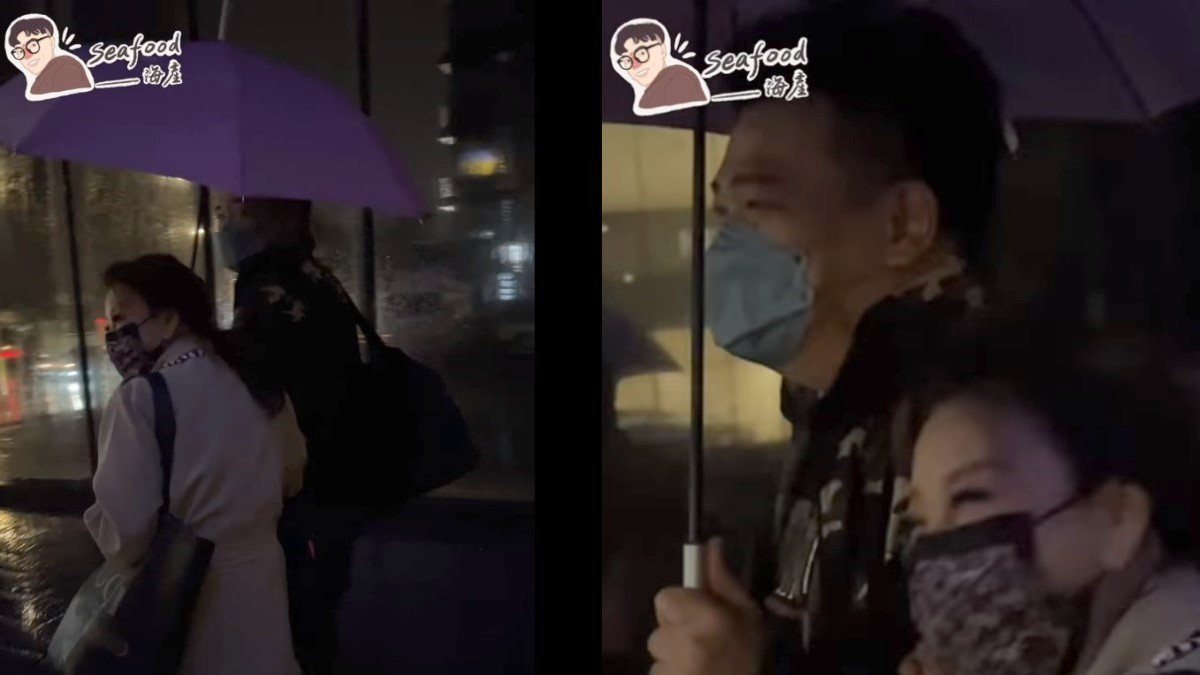 白雲與楊繡惠雨中共撐一把傘。 圖／擷自海產臉書