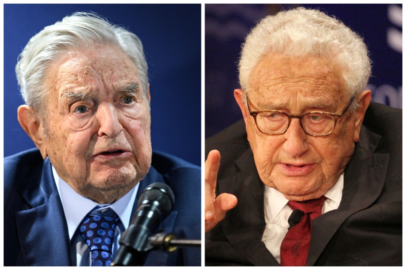 索羅斯（左）與季辛吉（右）兩位都是美國猶太裔移民，活過納粹統治年代，現同為90多歲高齡仍活躍在世界舞台，並在達沃斯論壇上開啟這場西方內部對俄路線的辯論。法新社／路透