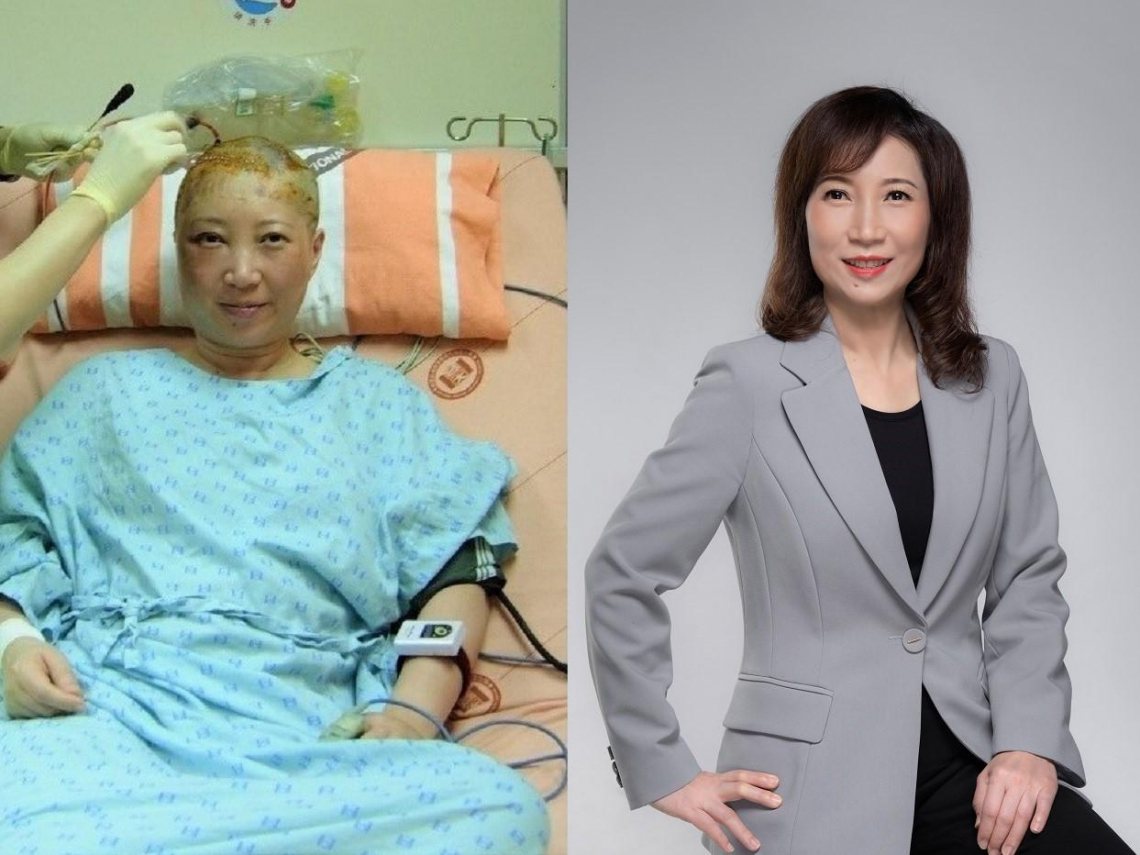 （左）為吳惠瑜開刀切除腦膜瘤，在加護病房中拍攝。