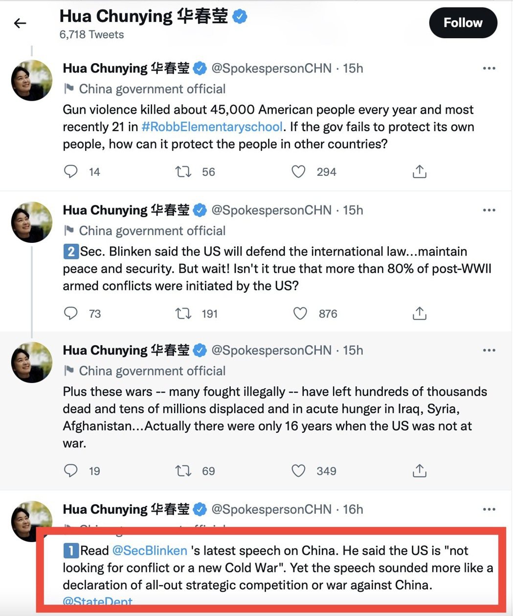 大陸外交部發言人華春瑩連發11組推文回擊布林肯26日演講。（截圖自華春瑩推特）