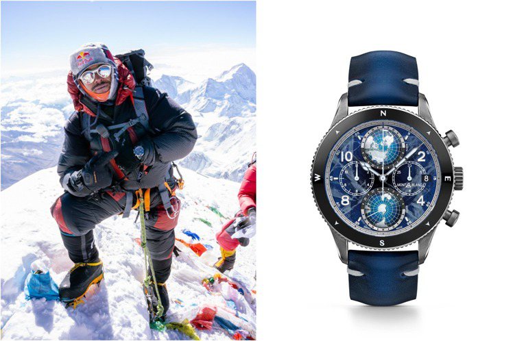 登山家Nimsdai Purja，近日甫登上世界第一高峰聖母峰，除了創下兩項世界紀錄，陪伴在他手上的更是世界首款「無氧腕表」限量290只的「萬寶龍1858系列Geosphere計時腕表」。圖 / 萬寶龍提供（合成圖）
